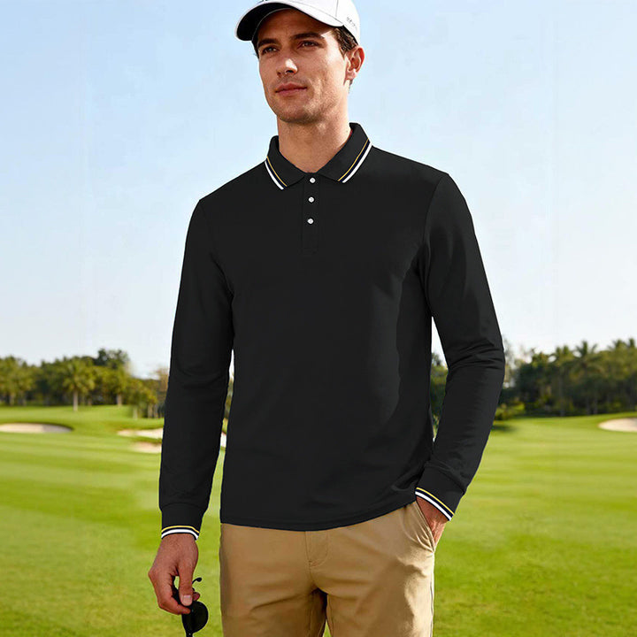 Men's Long-Sleeved Performance Golf Polo Shirt with Contrast Collar Mune Fashion