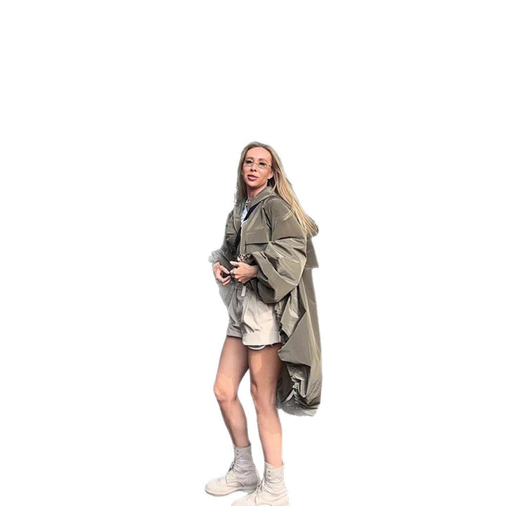 Women Oversized Utility Hooded Jacket with Drawstring, Flap Pockets and Elastic Cuffs Mune Fashion