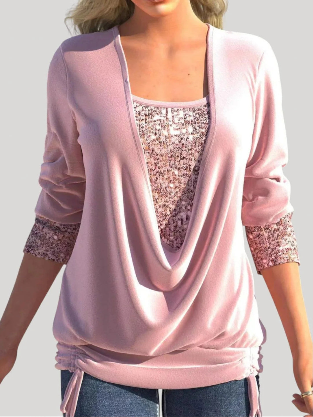Women's Fashion Draped Sweater with Glitter Accents