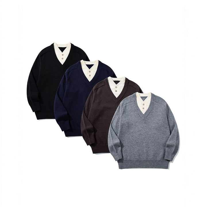 Men's pullover with deep V-neck and integrated Henley collar Mune Fashion