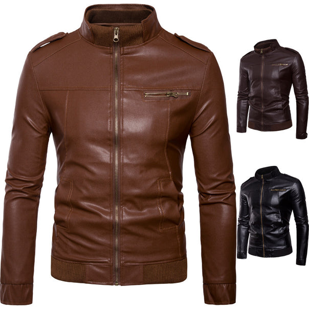 Men's Biker-Inspired Faux Leather Bomber Jacket with Stand Collar, Ribbed Cuffs, and Shoulder Patches Mune Fashion