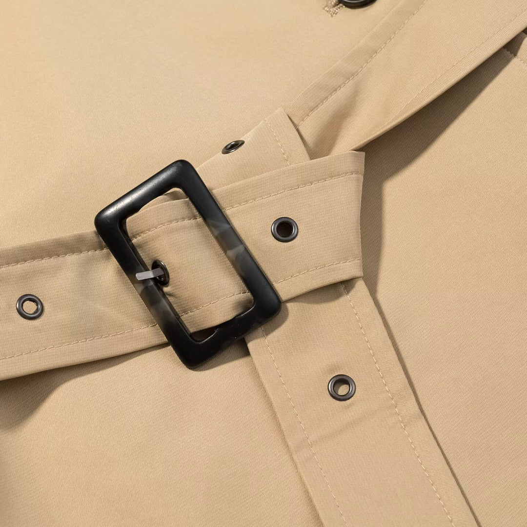 Women Short Trench with High Stand Collar, Epaulettes, and Shaping Belt Mune Fashion