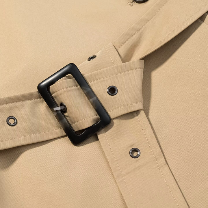 Women Short Trench with High Stand Collar, Epaulettes, and Shaping Belt Mune Fashion