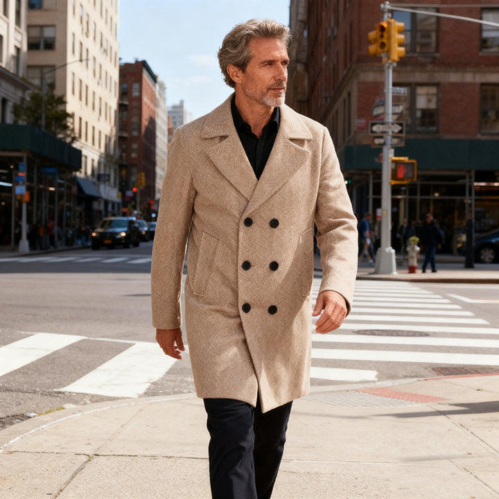 Men's Double-Breasted Herringbone Wool Blend Car Coat with Tailored Fit and Quilted Thermal Lining Mune Fashion