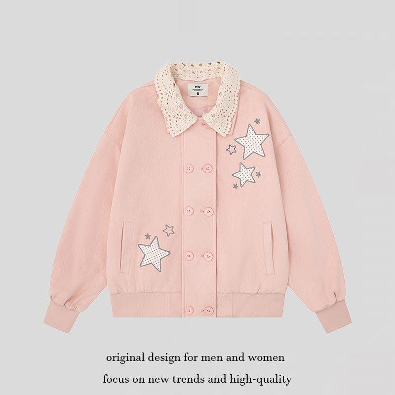 Women's buttoned oversized sweat jacket with crocheted collar and star appliqués Mune Fashion