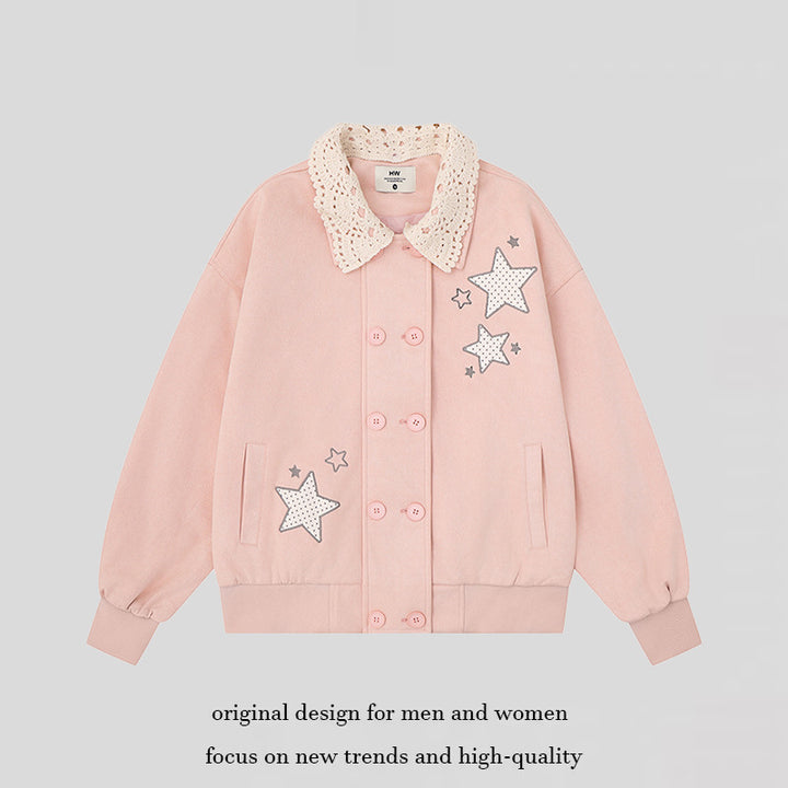 Women's buttoned oversized sweat jacket with crocheted collar and star appliqués Mune Fashion