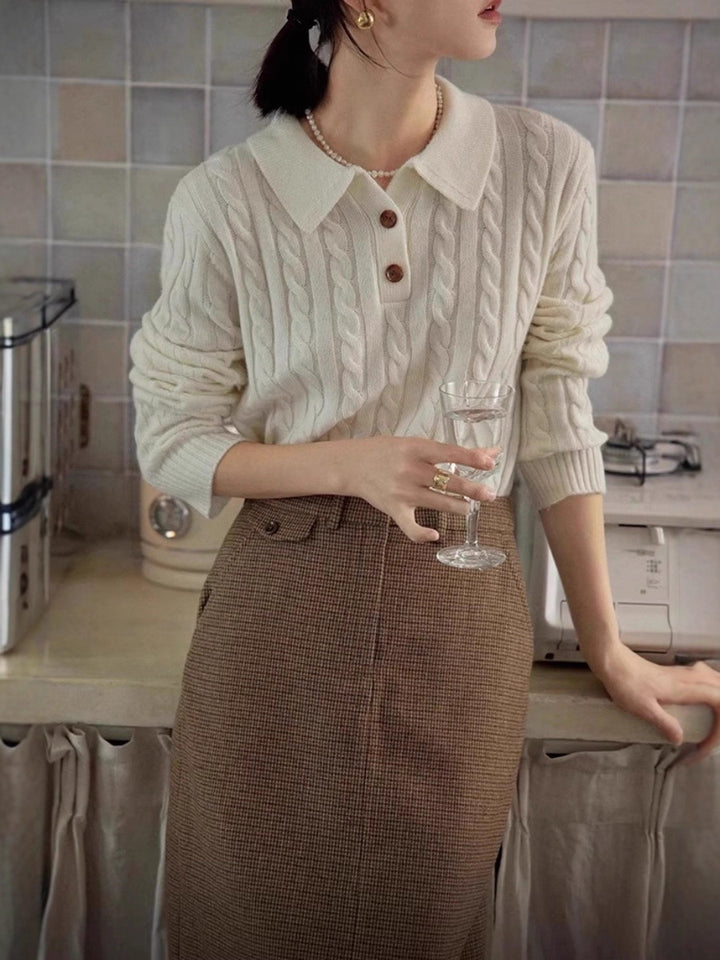 Women’s Polo Collar Braided Knit Sweater with Half Button Placket Mune Fashion