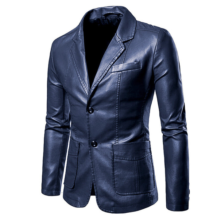 Men's Figure-Hugging Leather-Look Blazer with Shirt Collar and Two-Button Front Mune Fashion