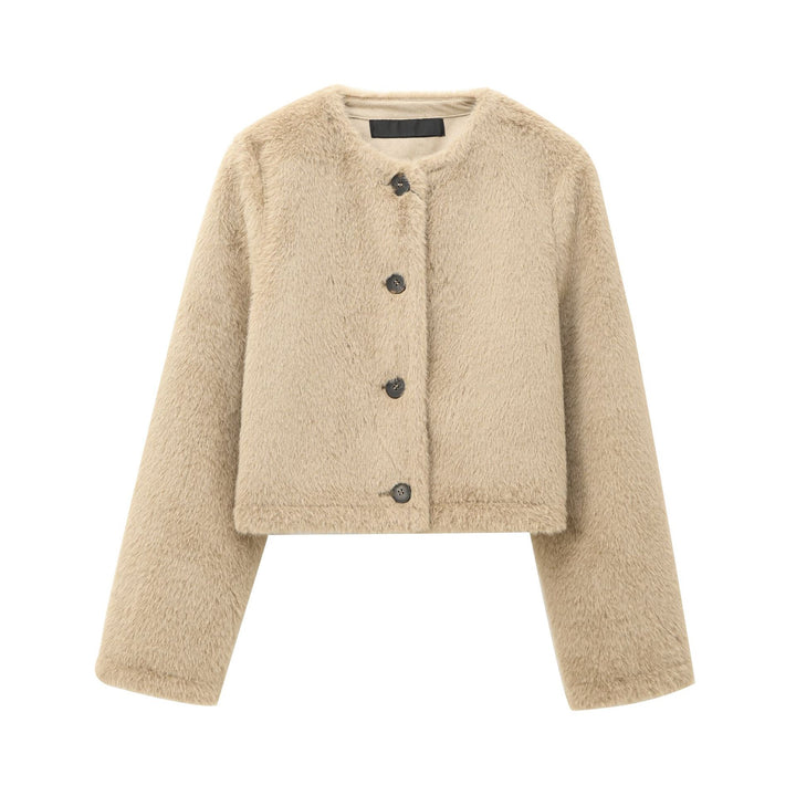 Women's short-cut teddy jacket with round neckline, button placket, and patch pockets Mune Fashion
