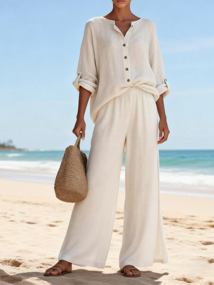 Women's Airy Linen Blouse and Wide Pants Mune Fashion