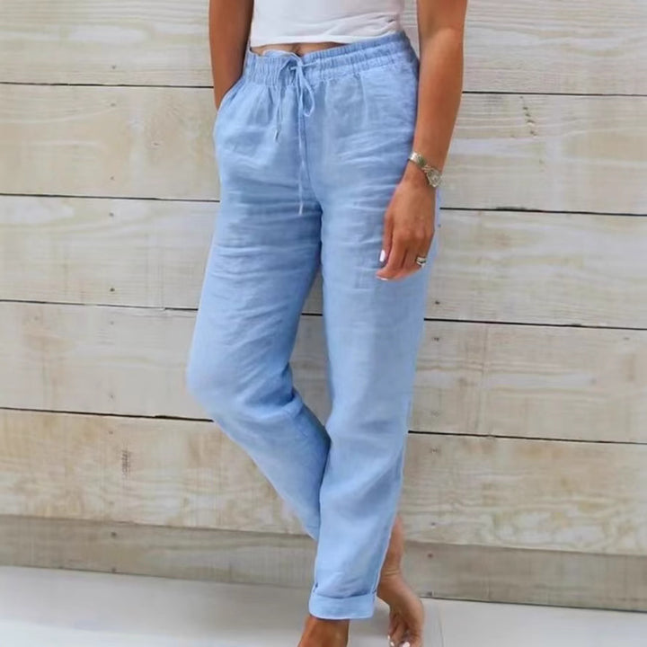 Women's casual linen pants with elastic waistband drawstring and side pockets Mune Fashion