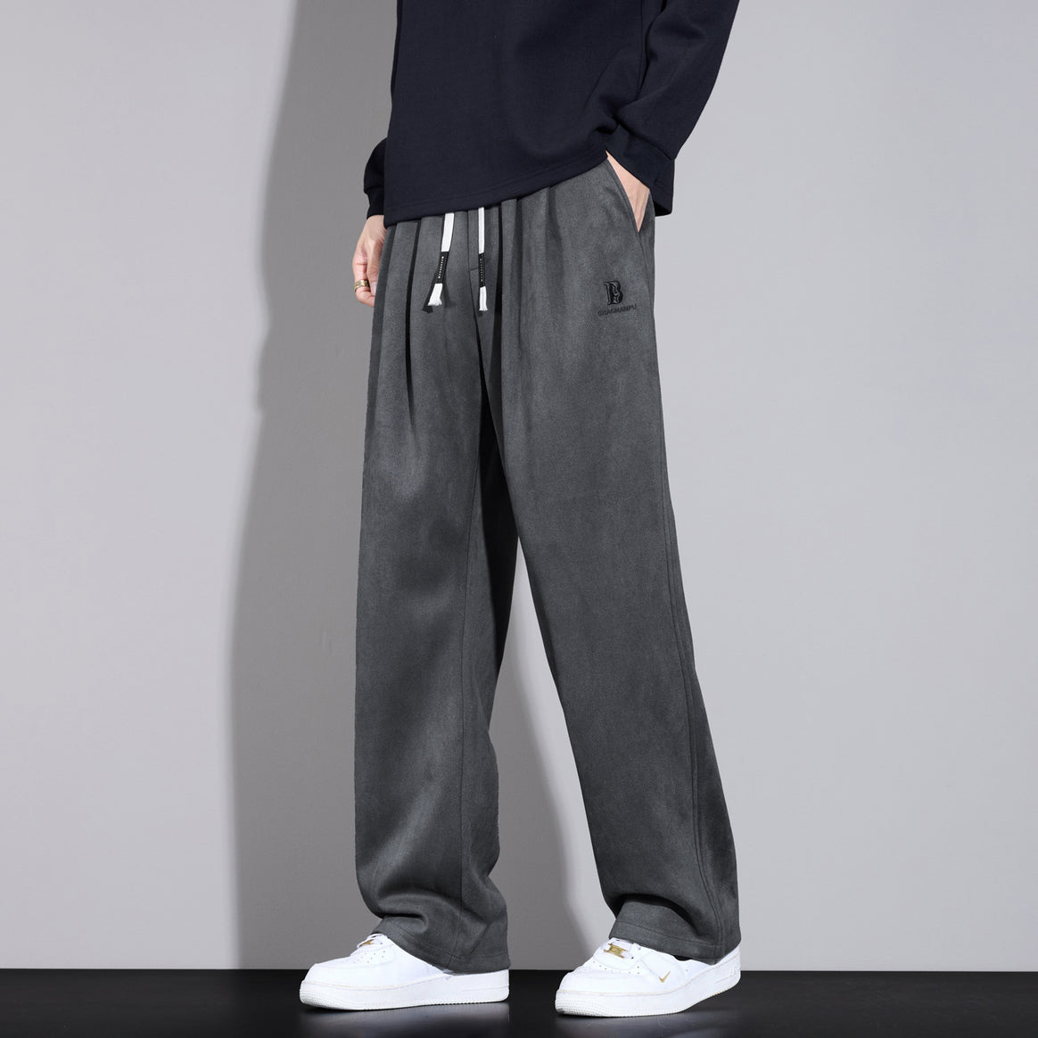 Men's casually cut pleated trousers with drawstring, wide leg and velour look Mune Fashion
