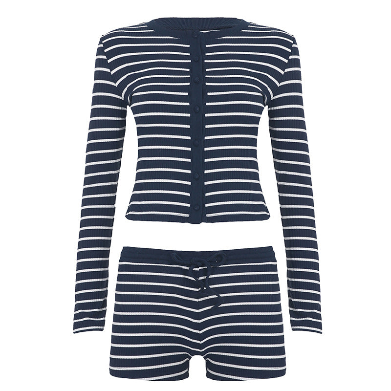 Women's striped rib lounge set with button-up long sleeve top and high-waisted shorts Mune Fashion