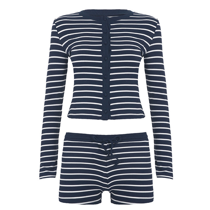 Women's striped rib lounge set with button-up long sleeve top and high-waisted shorts Mune Fashion