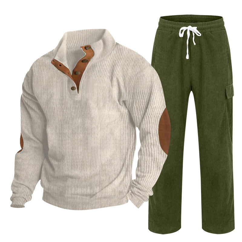 Men's Cozy Leisure Set made of Waffle Knit Henley with Elbow Patch and Relax Cargo Pants Mune Fashion