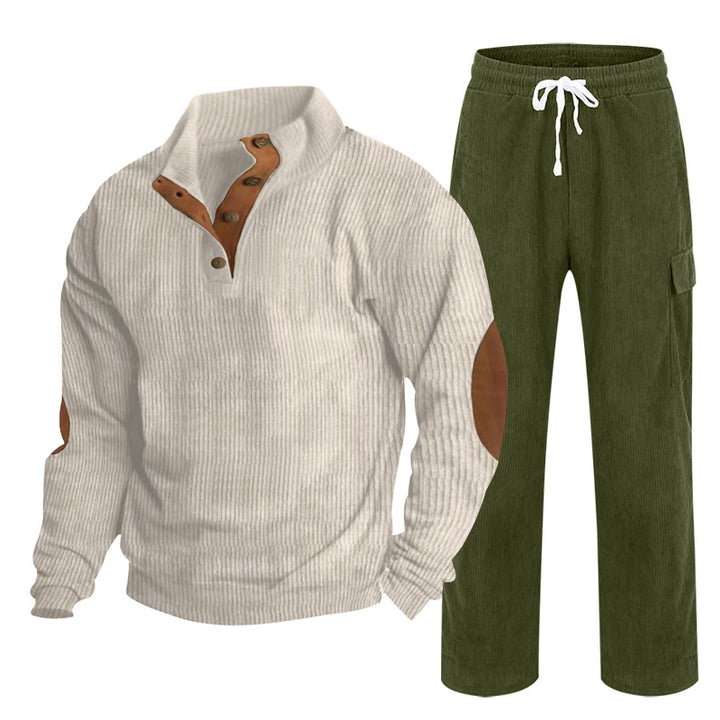 Men's Cozy Leisure Set made of Waffle Knit Henley with Elbow Patch and Relax Cargo Pants Mune Fashion
