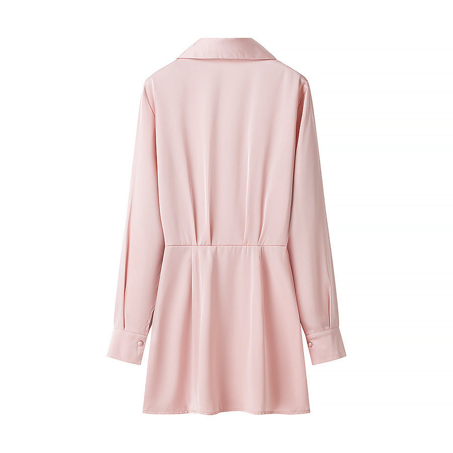 Women's fitted shirt mini dress with deep V-neck, gathered waistband and cuffed sleeves Mune Fashion