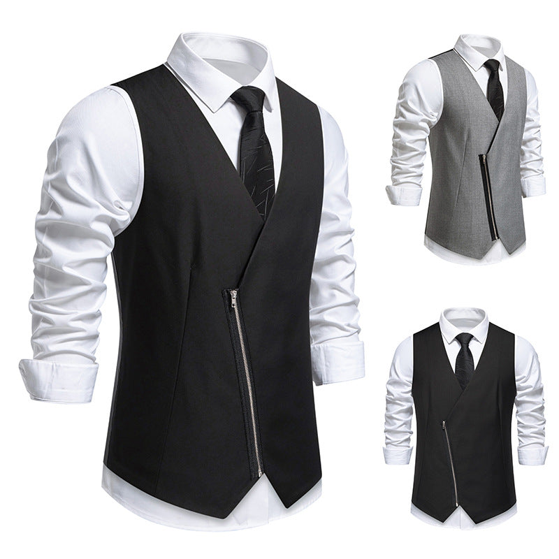 Men's Tailored Vest with Asymmetric Zipper and V-Neck Mune Fashion