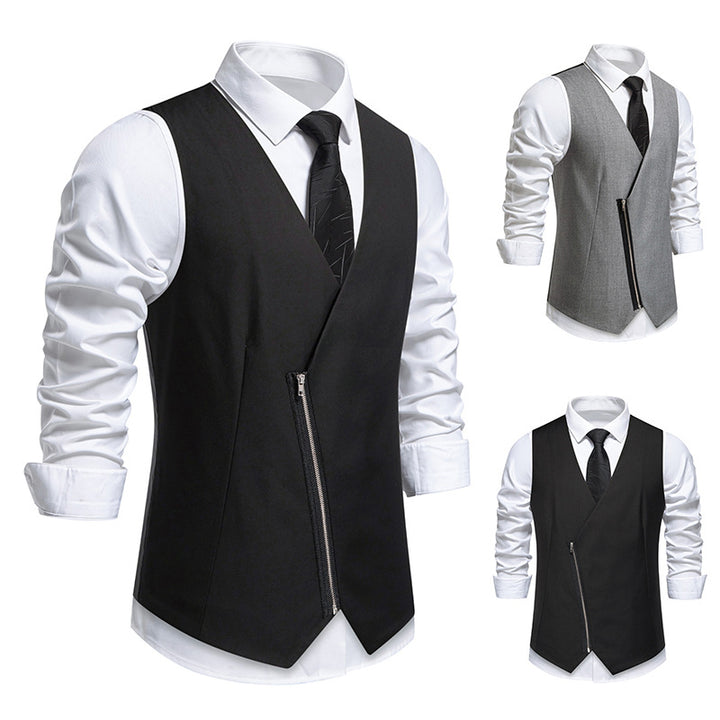 Men's Tailored Vest with Asymmetric Zipper and V-Neck Mune Fashion
