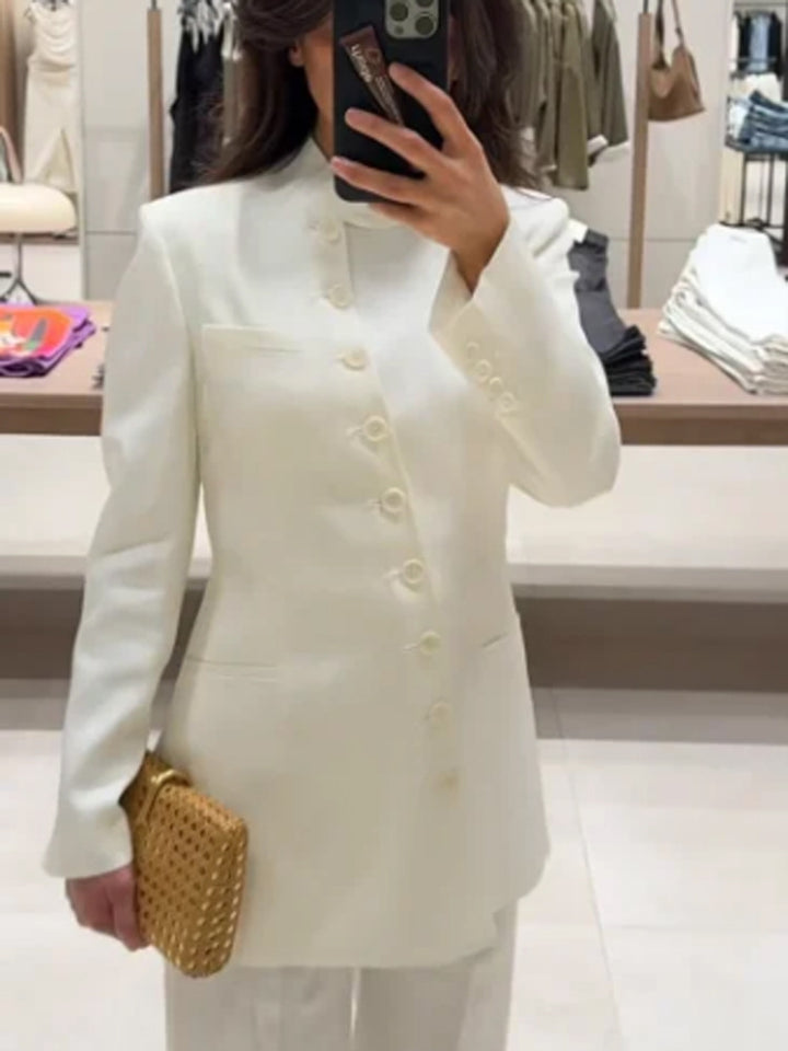 Women Longline Blazer with Stand Collar and Slim Silhouette Mune Fashion