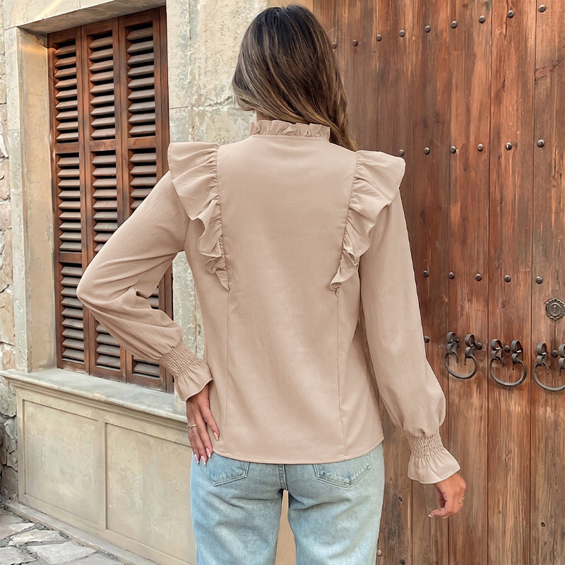 Women's Ruffle Blouse with Stand-Up Collar, Tie Bow and Smocked Sleeves Mune Fashion