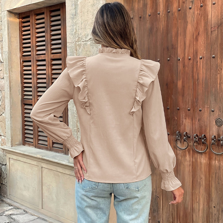 Women's Ruffle Blouse with Stand-Up Collar, Tie Bow and Smocked Sleeves Mune Fashion