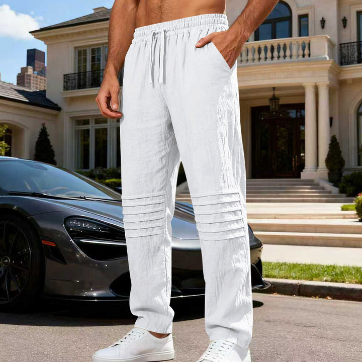 Men's Linen Look Lounge Pants with Drawstring Elastic Waistband and Quilted Knee Panels Mune Fashion