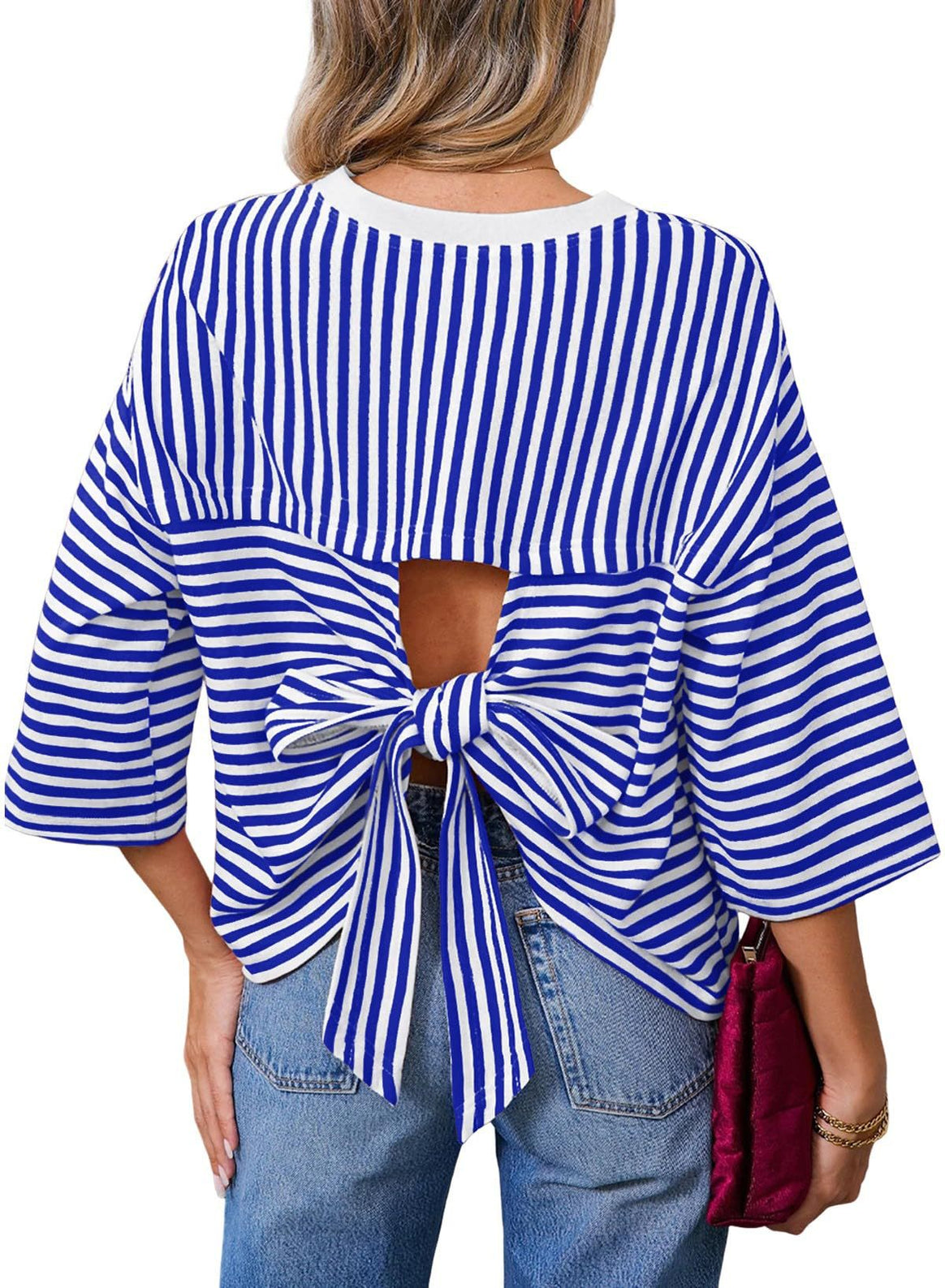 Women's Striped Oversize Shirt with Back Cutout and Bow Tie Mune Fashion