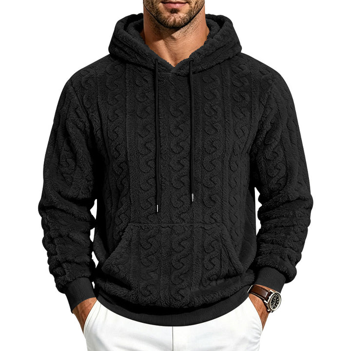 Men's teddy fleece pullover with cable pattern, hood and kangaroo pocket Mune Fashion