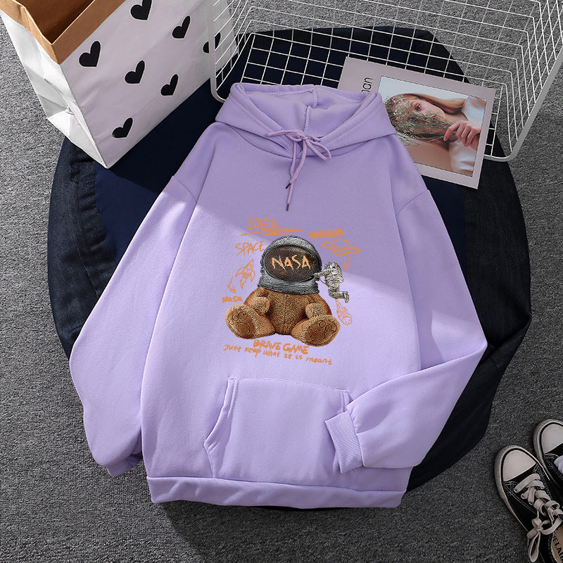 Women casual hoodie with astronaut teddy print, kangaroo pocket and soft fleece lining Mune Fashion