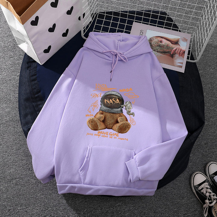 Women casual hoodie with astronaut teddy print, kangaroo pocket and soft fleece lining Mune Fashion