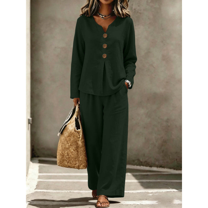 Women's Two-Piece Linen Look Lounge Set with V-Neck, Button Blouse and Wide Palazzo Pants Mune Fashion