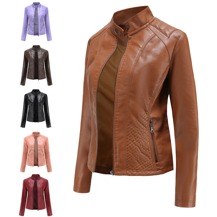 Women's fitted biker faux leather jacket with stand collar and quilted side panel Mune Fashion