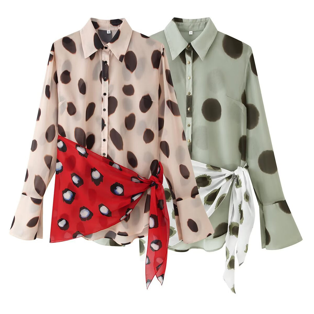 Women Semi-transparent Chiffon Blouse with Knot Scarf and Large Dot Print Mune Fashion