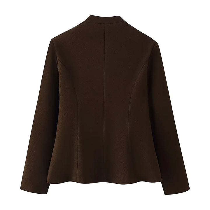 Women's fitted blazer without lapels featuring decorative gold buttons and rounded hem Mune Fashion