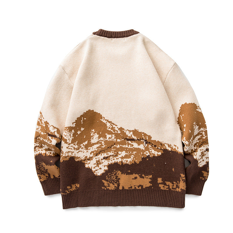 Unisex Oversized knit sweater with mountain jacquard and ribbed round neckline Mune Fashion
