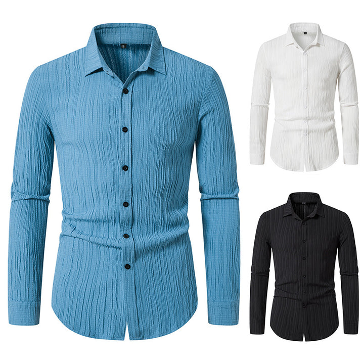 Men's Textured Slim-Fit Shirt with Crinkled Texture and Kent Collar Mune Fashion