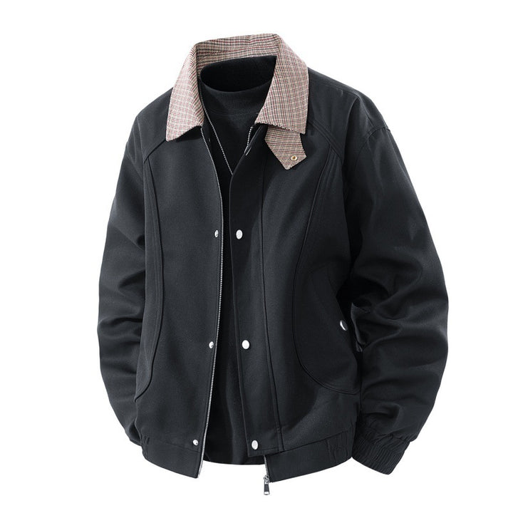 Men's Light Canvas Blouson with Check Collar, Zipper and Snap Button Placket Mune Fashion