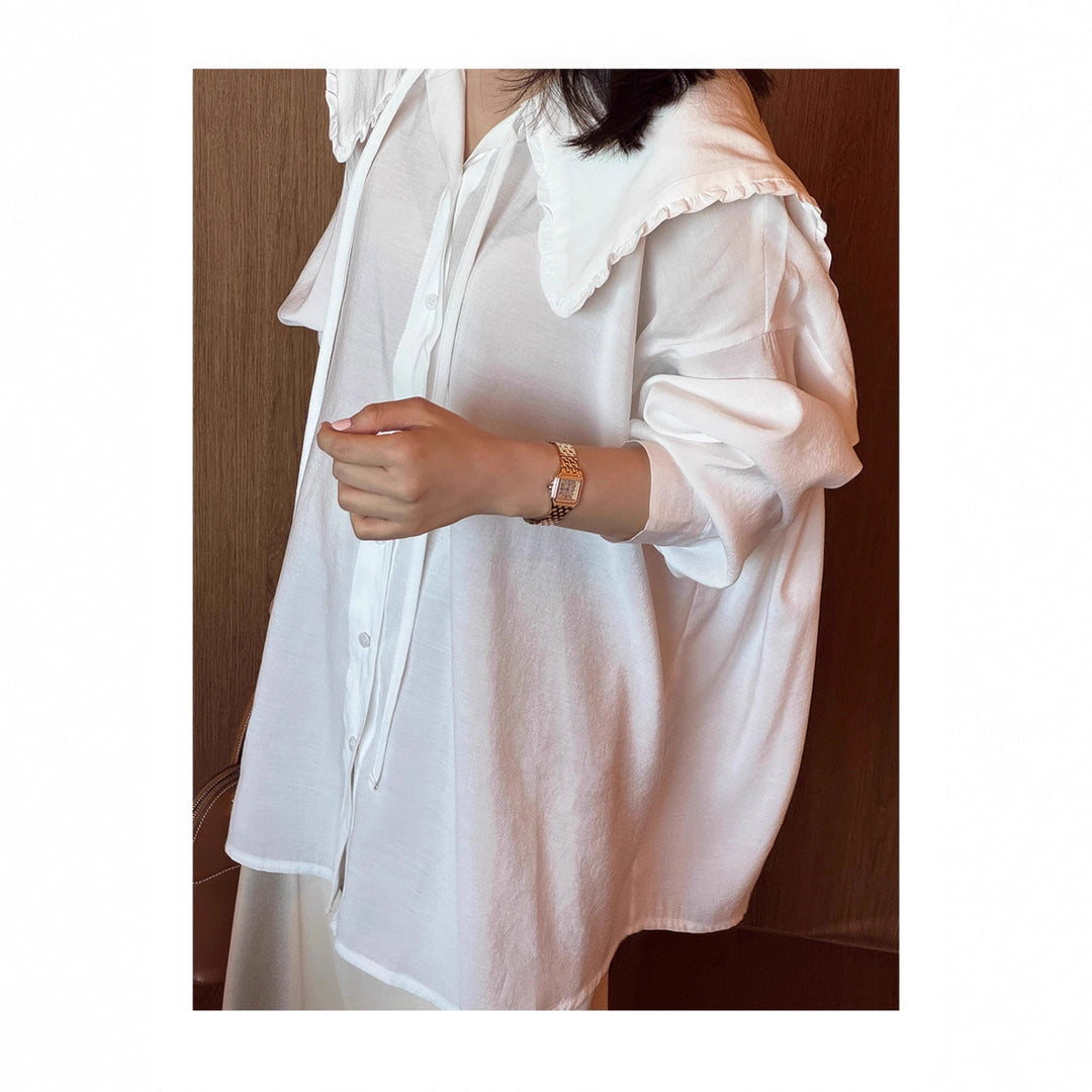 Women Oversized Shirt Blouse with Large Ruffled Collar and Roll-Up Sleeves Mune Fashion