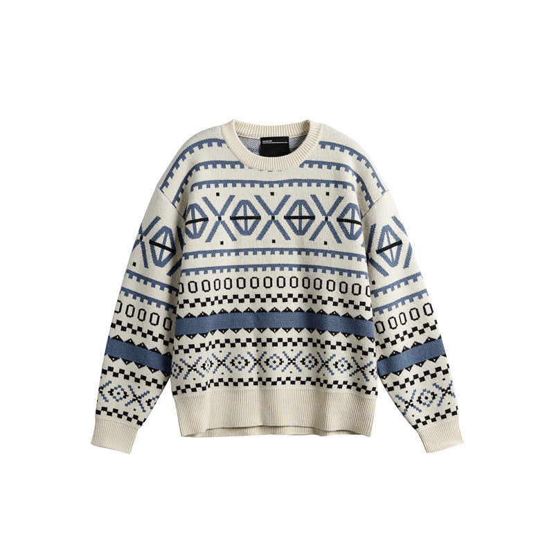 Unisex Patterned Chunky Knit Sweater in Norwegian Style with Round Neck