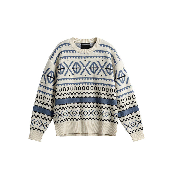 Unisex Patterned Chunky Knit Sweater in Norwegian Style with Round Neck
