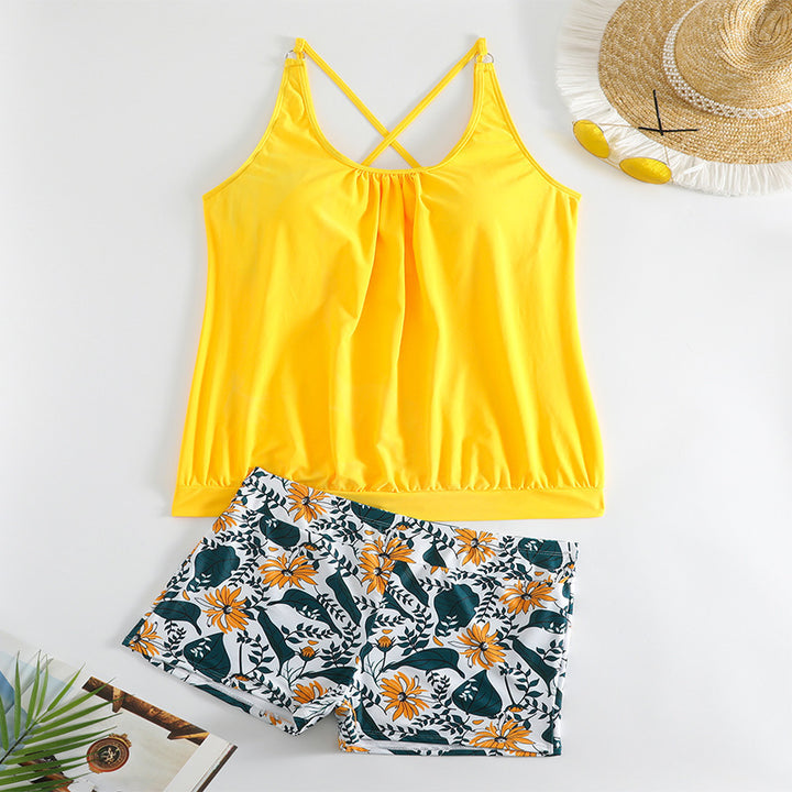 Women's Tankini Set with Floral Skirt and Elegant Ruching