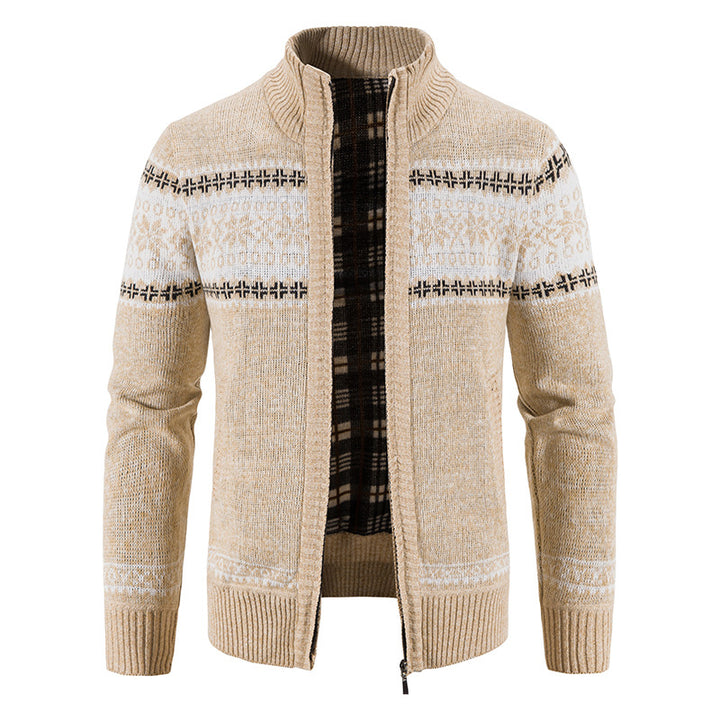 Men's chunky knitted Norwegian cardigan with full zip and checked fleece lining Mune Fashion