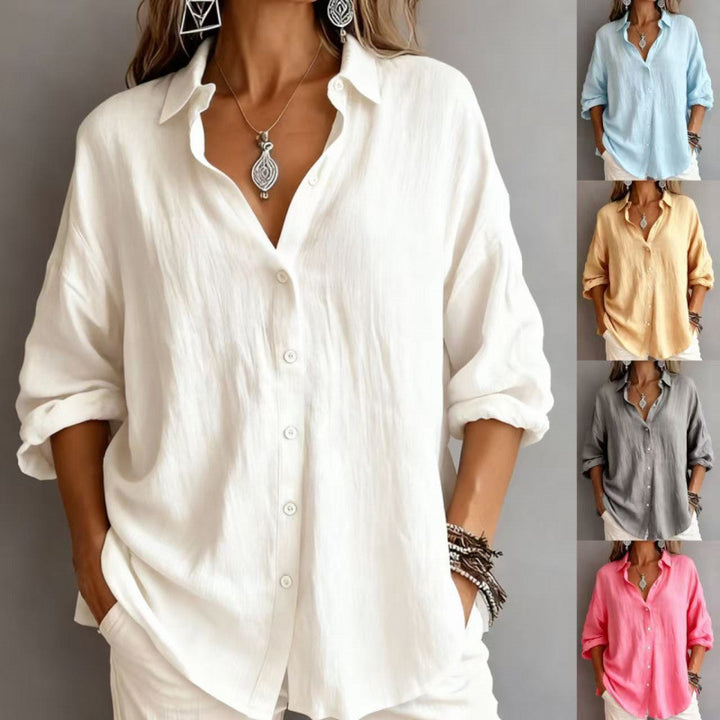 Women's Loose Linen Look Shirt with Oversized Cut and Round Hem Mune Fashion