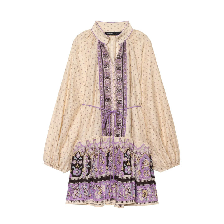 Women’s Boho midi dress with embroidered button placket, balloon sleeves and waist belt Mune Fashion
