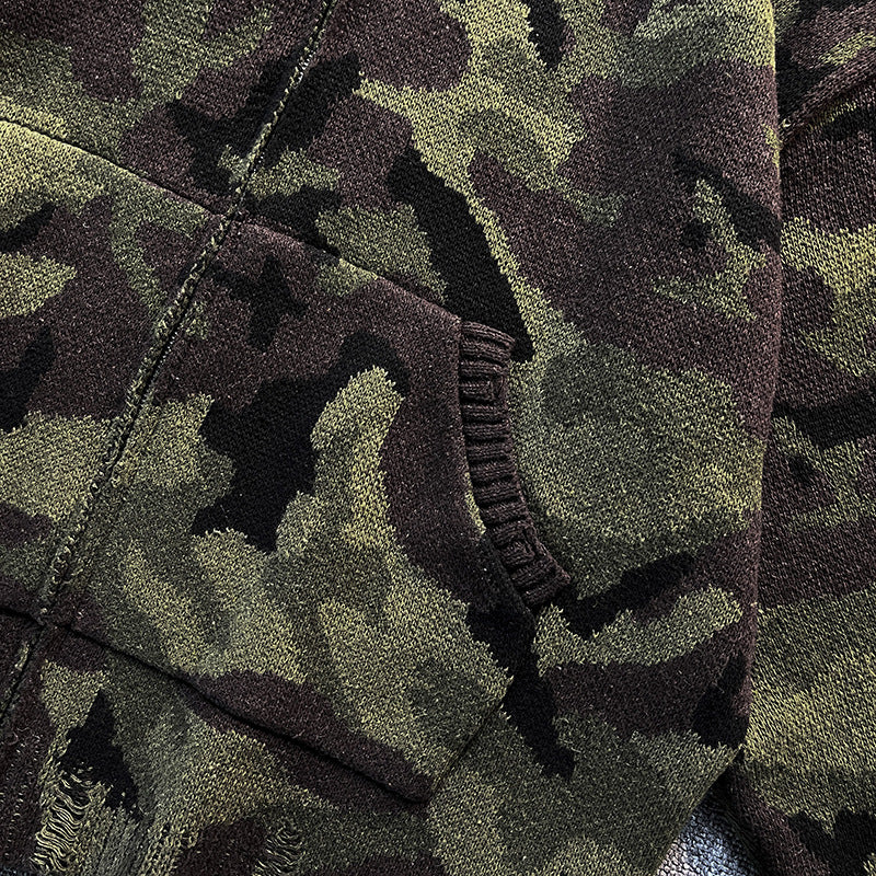 Men's knit hoodie jacket in camouflage look with zipper and used details Mune Fashion