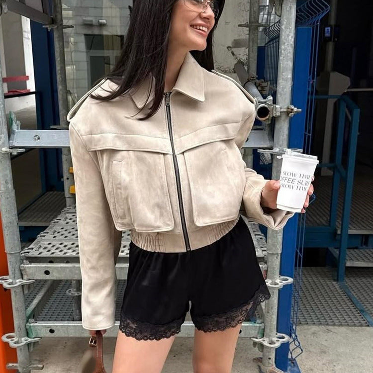 Women short blazer made of suede leather look with oversized shoulder and concealed zipper Mune Fashion
