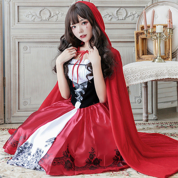 Women Fairy Tale Little Red Riding Hood Costume with Voluminous Overskirt and Hood Mune Fashion