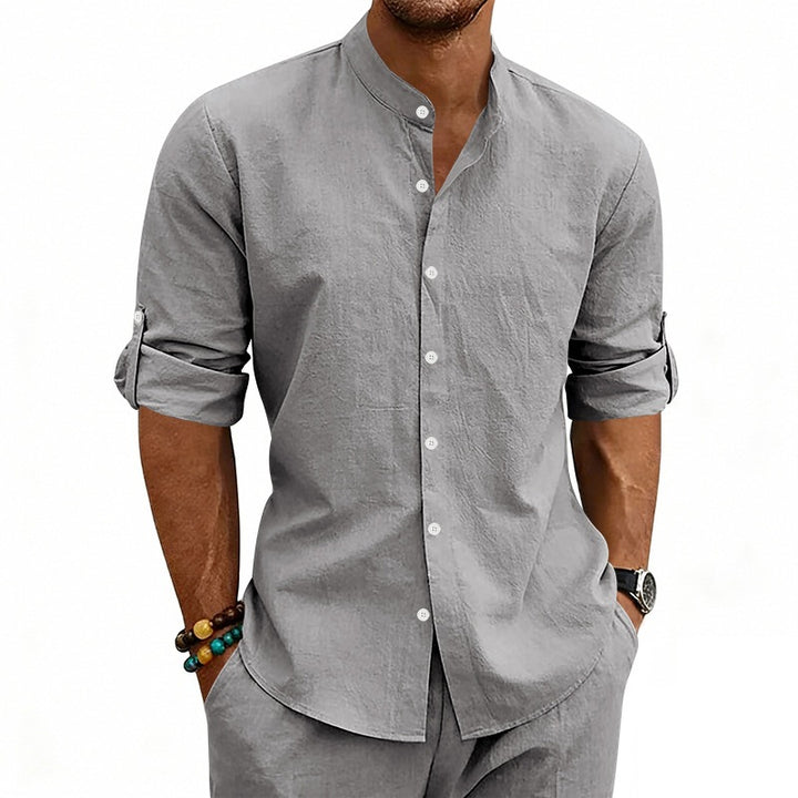 Men's Modern Linen Blend Shirt with Stand Collar, Roll-up Sleeves and Narrow Placket Mune Fashion