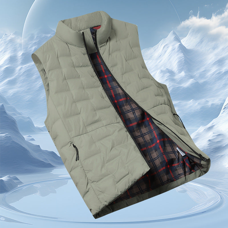 Men's Quilted Padded Vest with Checked Lining and Stand-Up Collar Mune Fashion